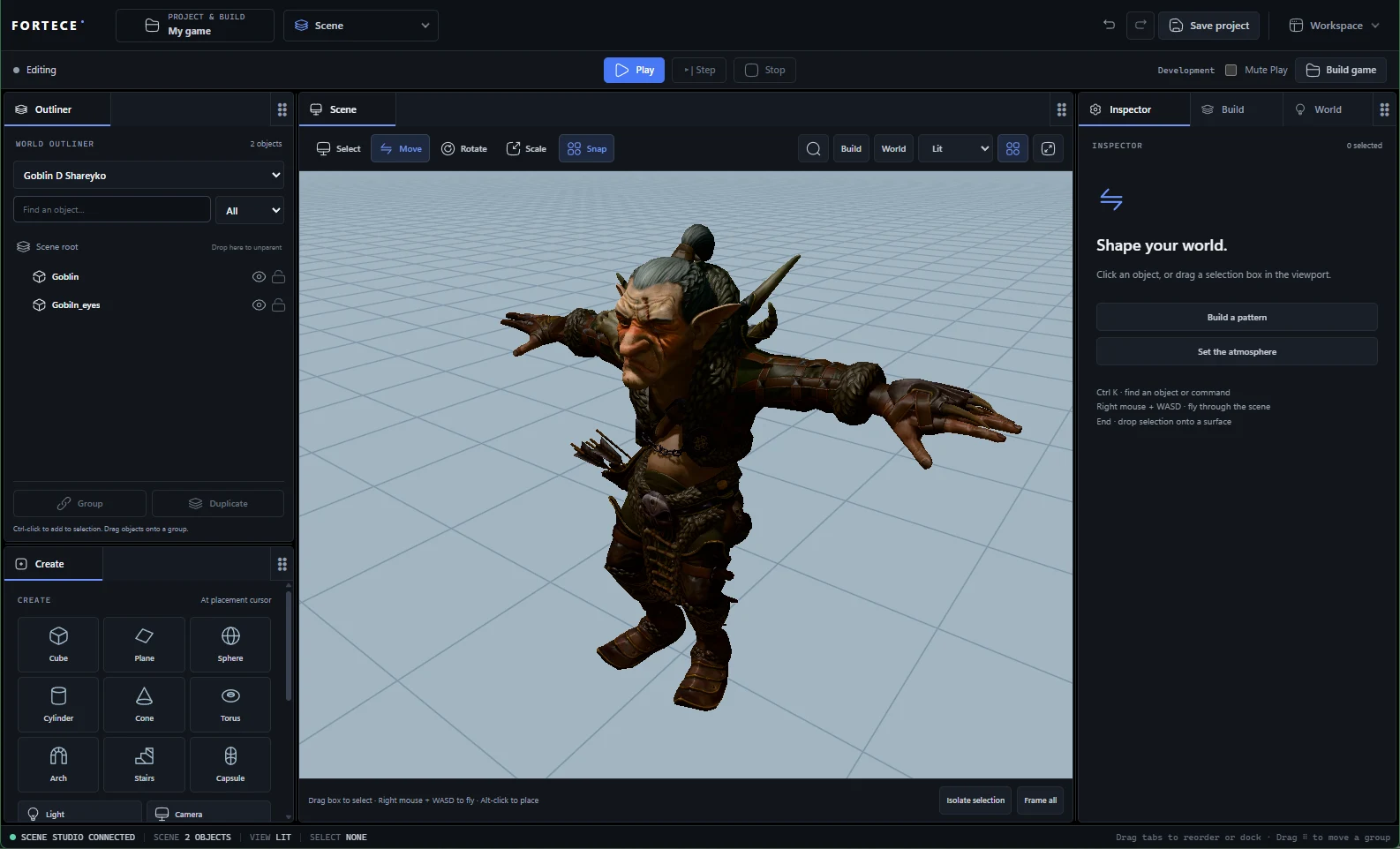Fortece Studio Scene module with an imported character in the native viewport