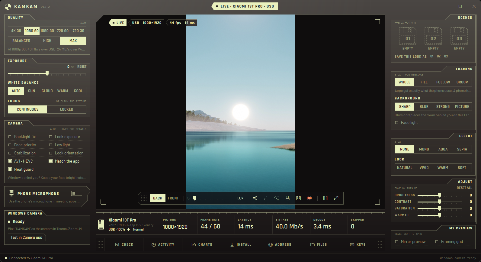 KAMKAM on Windows streaming live from a phone over USB at 1080p, with camera controls, framing, scenes and link stats