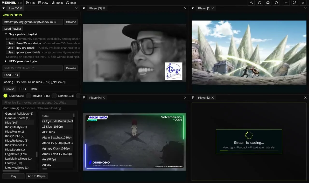 Four docked players next to the Live TV and IPTV panel