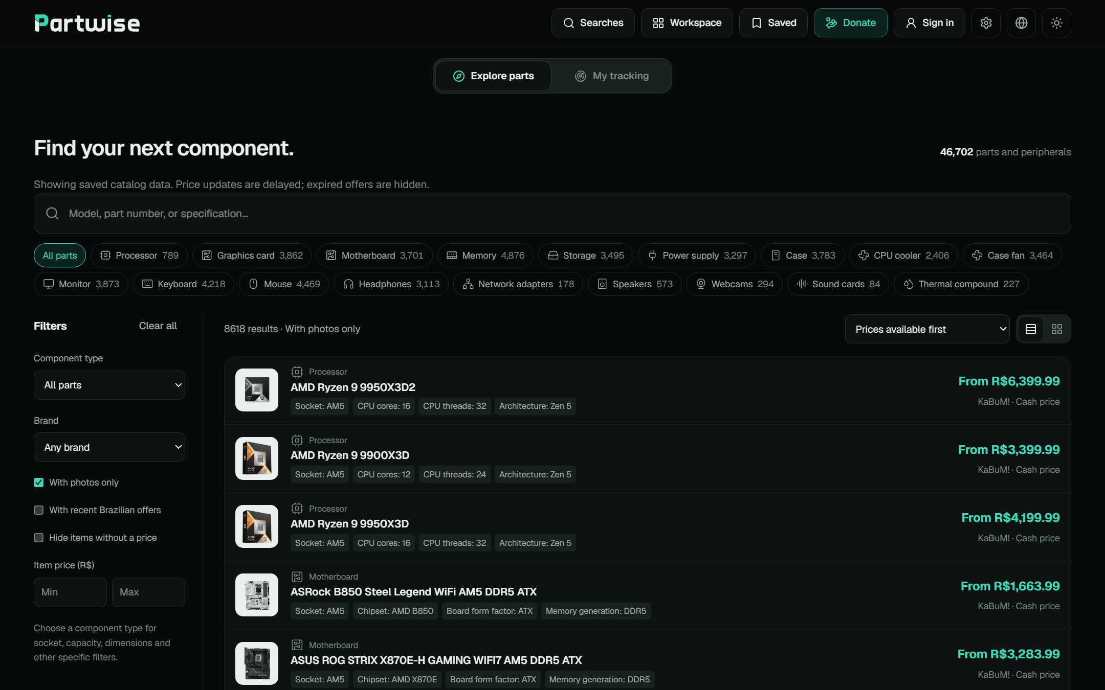 Partwise home page with component search, category filters and prices from Brazilian stores