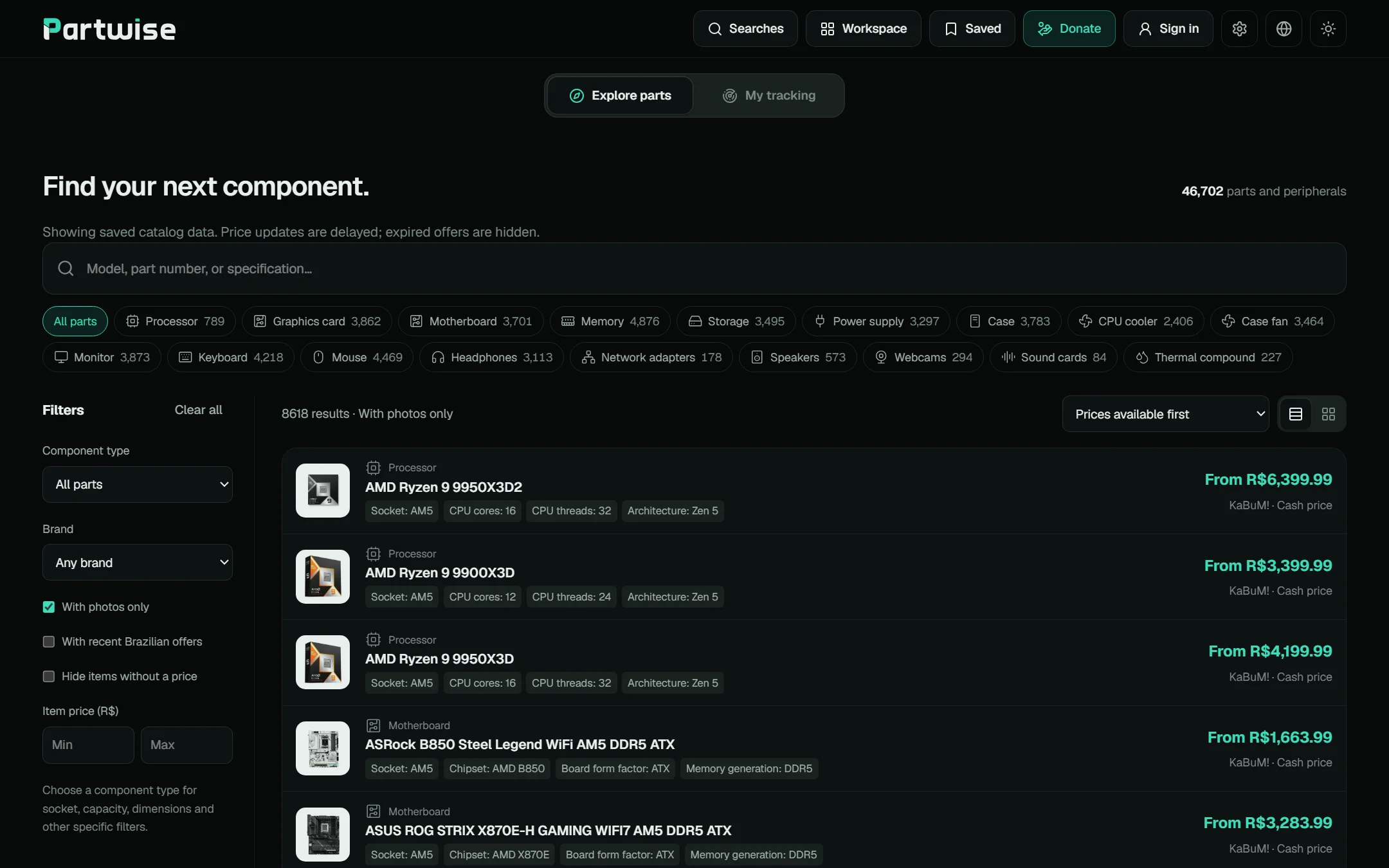 Partwise home page with component search, category filters and prices from Brazilian stores