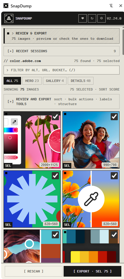 SnapDump review and export view with 75 images selected from color.adobe.com and All, Hero, Gallery and Details filters
