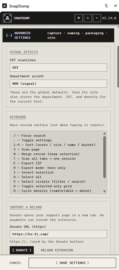 SnapDump advanced settings with visual effects, keyboard shortcuts and support options