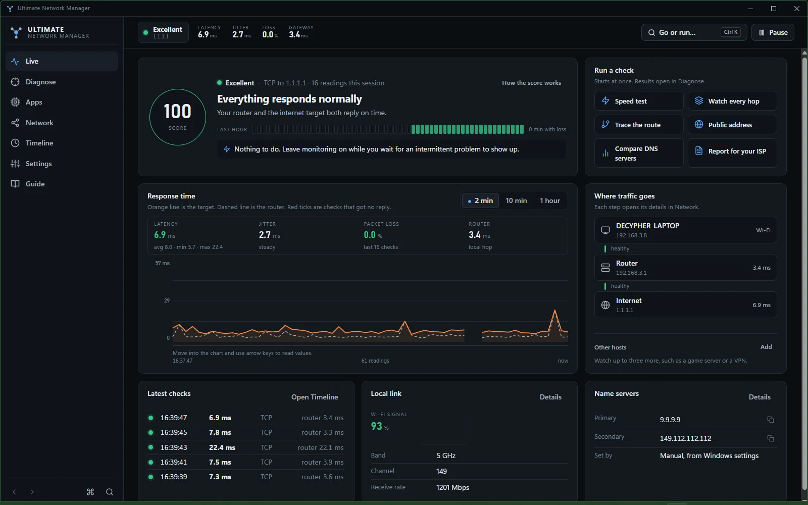 Ultimate Network Manager Live view with a score of 100, the response time chart and the path from device to router to internet
